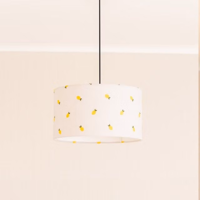 ValueLights Brae Medium Drum Lamp Shade in White and Yellow Fabric with Lemon Embroidery