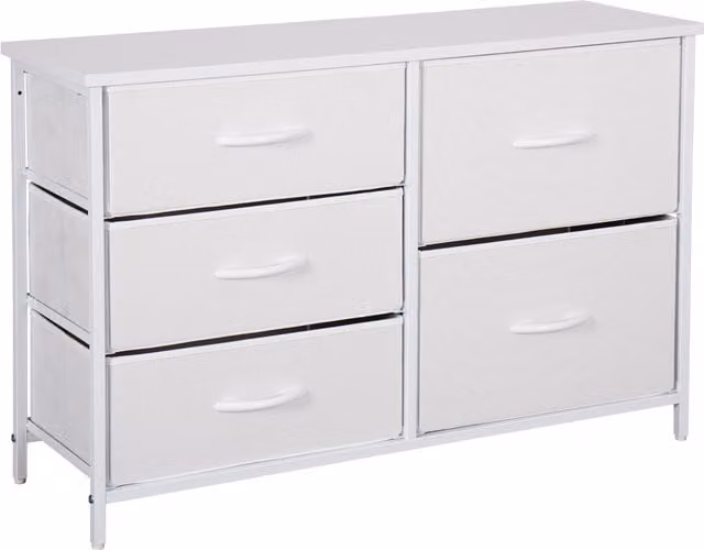 Home Treats White Chest of Drawers with Metal Frame and 5 Large Deep Fabric Drawers