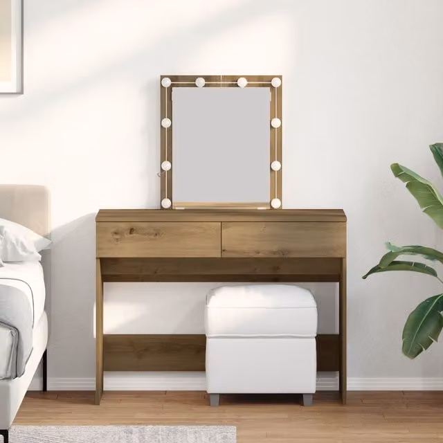 Berkfield Home Modern Dressing Table with LED Mirror in Brown Artisan Oak Engineered Wood
