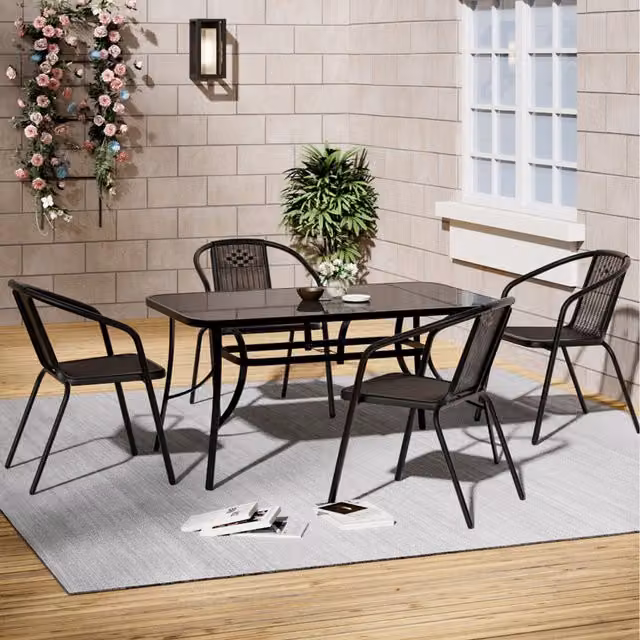 Livingandhome 6 Seater Bistro Set in Black with 150cm Rectangular Table and 6 Chairs