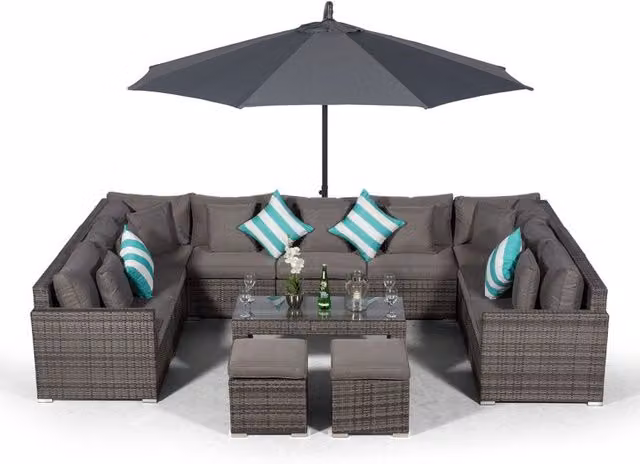 Giardino Havana 9 Seat Rattan Sofa Conversation Set with Coffee Table and 2 Stools in Grey and Brown