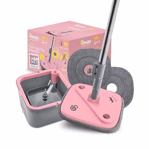 Swan x Lynsey TV Queen of Clean Turbo Spin Mop with Clean and Dirty Water Separation, 2 Washable Microfibre Pads and Collapsible Handle, Pink and Grey, SWFC1002QOCN