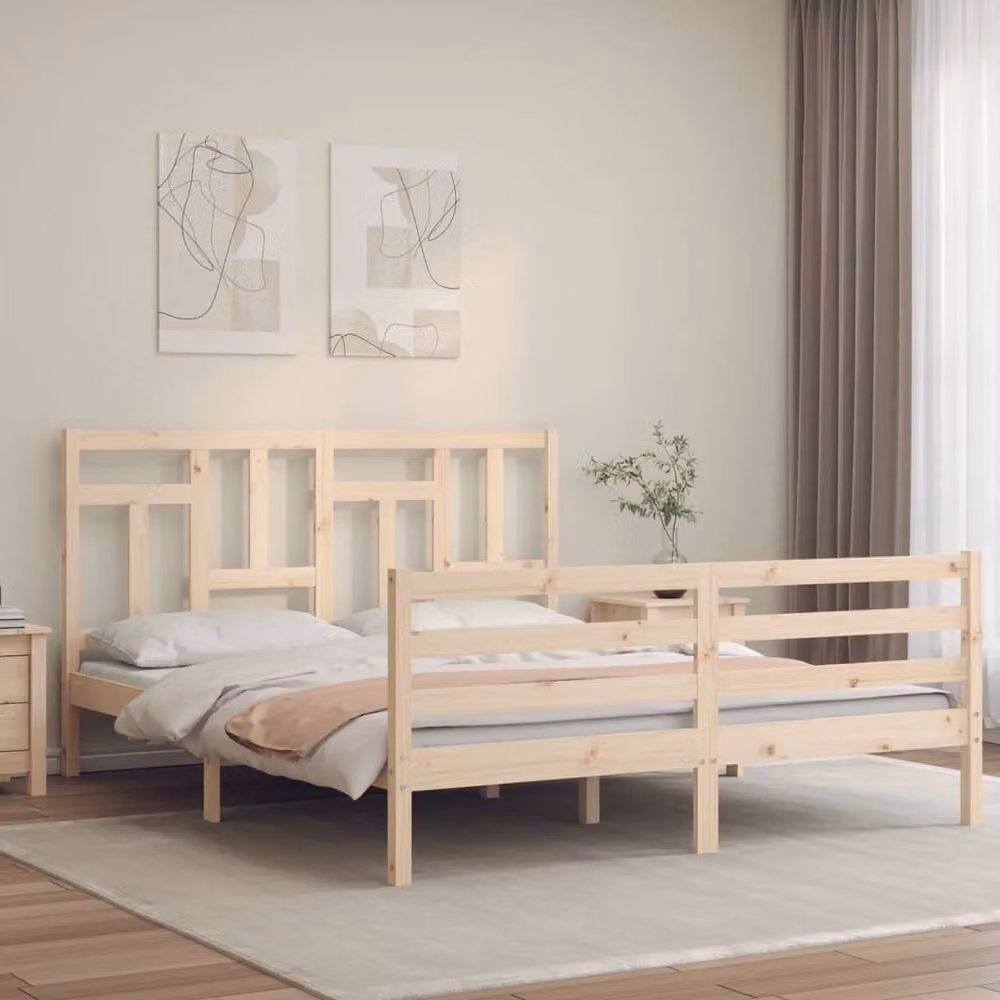 Berkfield Home Solid Wood Bed Frame with Headboard in Natural Pine, W: 160 cm, D: 200 cm – 2