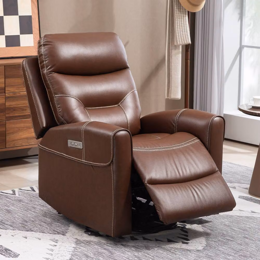 STILVORA Brown Synthetic Leather Recliner Armchair with USB-A and USB-C Ports – 3