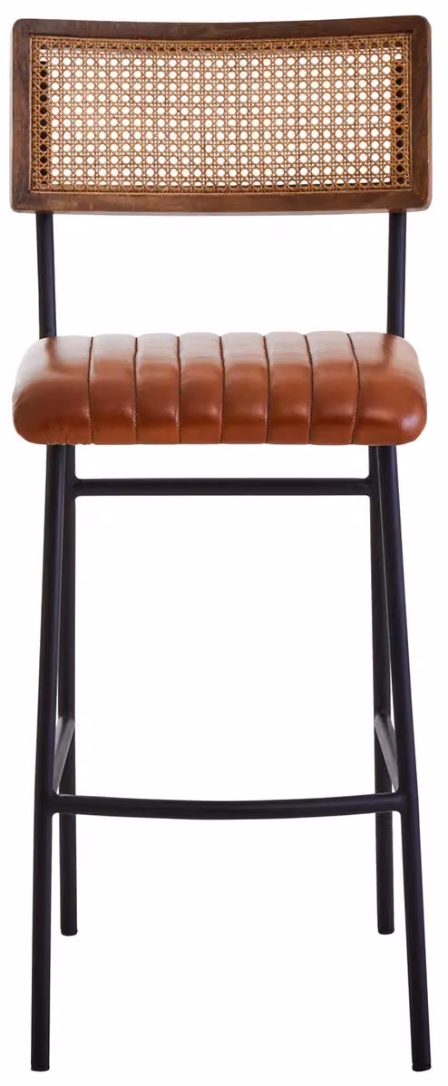 Fifty Five South Orsina Retro Bar Chair with Rattan Webbed Backrest and Brown Leather Padded Seat – 5