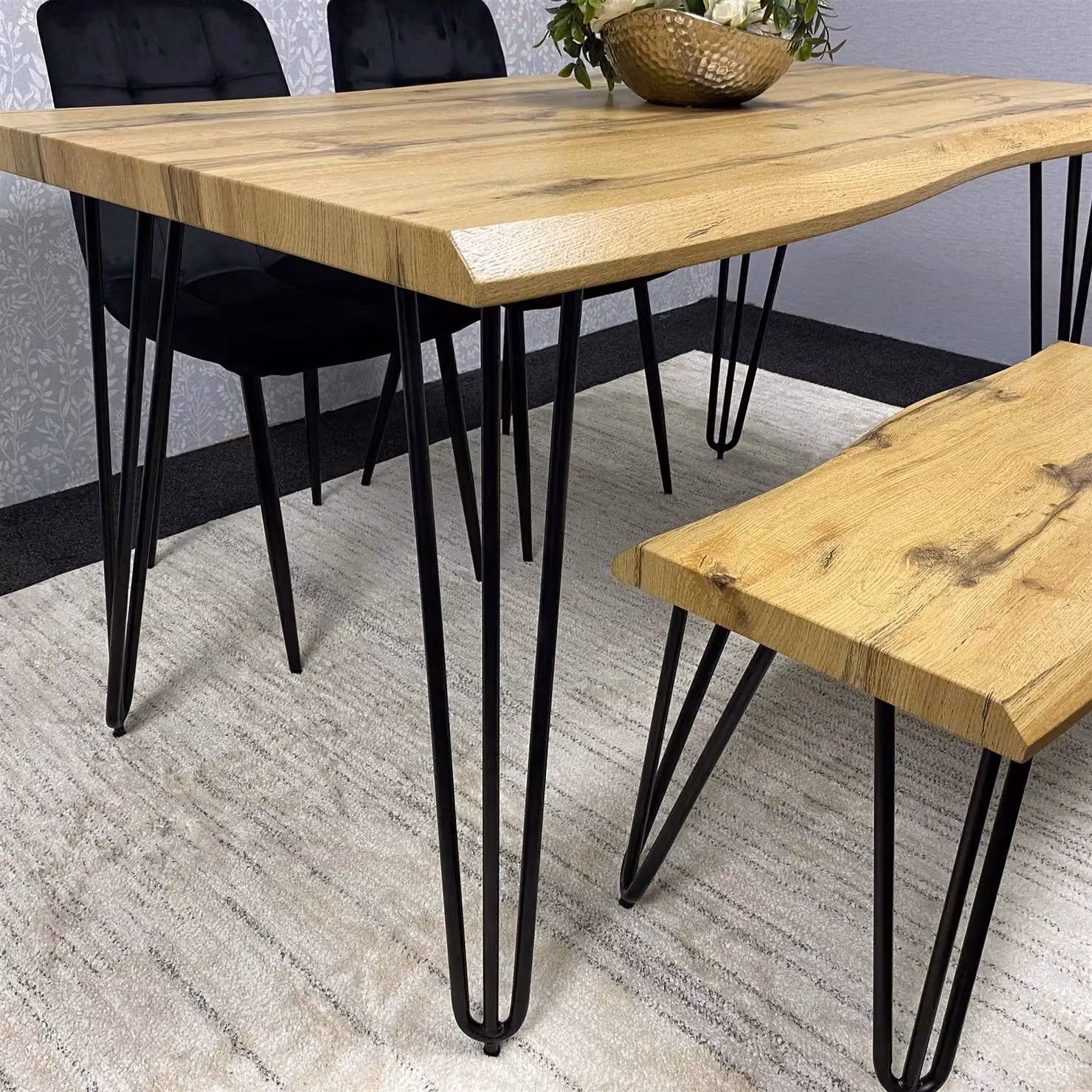 Kosy Koala Modern Dining Set with Rectangular Brown Wood Table, 2 Black Velvet Chairs and Bench – 3