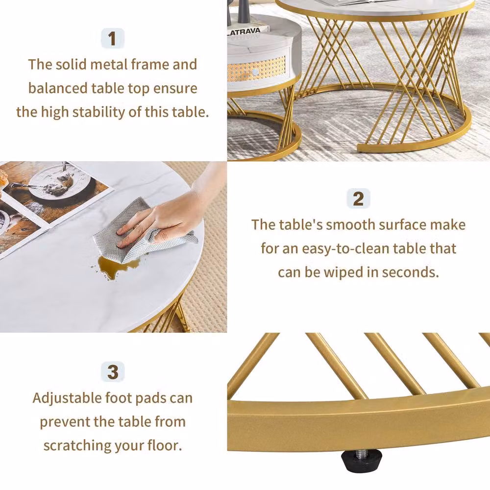 BTM White and Gold Nesting Table Set with Rattan and Metal Legs – 3