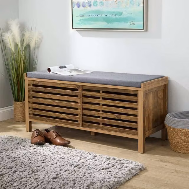 Home Source Luna Mango Wood Effect Sliding Door Shoe Bench Storage Unit in Brown
