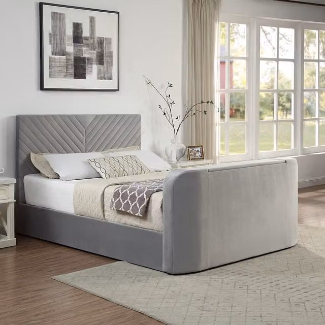 Grey Velvet Criss Cross Ottoman TV Bed with Pocket Sprung Mattress, King Size (180 x 200 cm)
