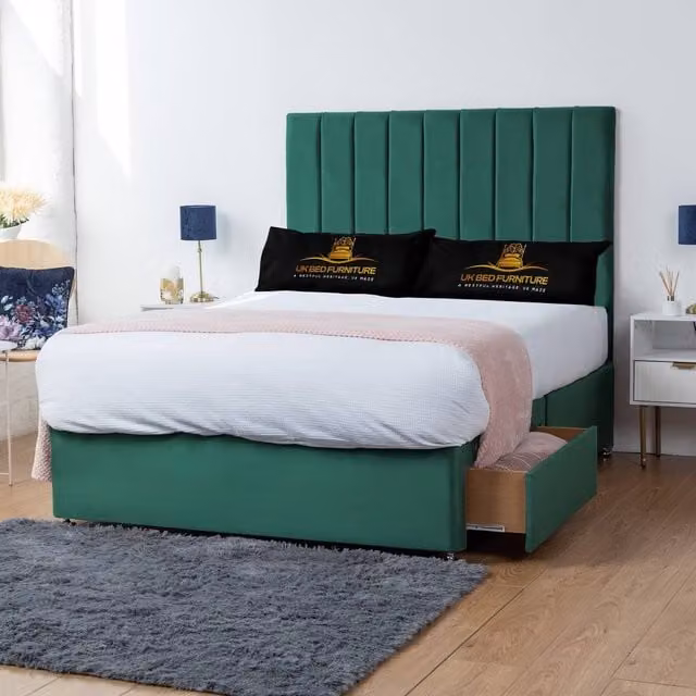 UK Bed Furniture Ashford Super King Divan Bed with 2 Drawers and 26 Inch Headboard in Green