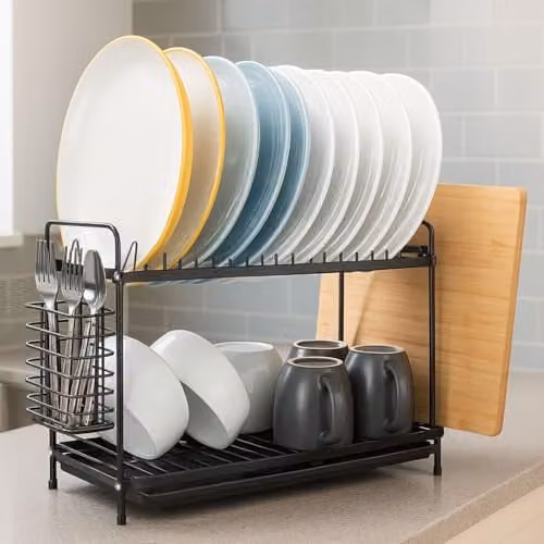 Tanness 2-Tier Black Dish Drainer Rack with Utensil Holder and Drip Tray, W/D/H: 30.0 x 21.0 x 21.0 cm – 1
