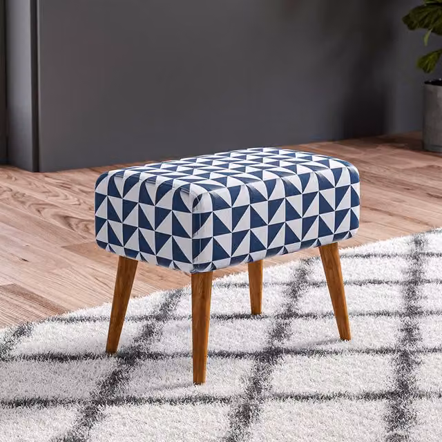 Livingandhome Checked Linen Fabric Rectangular Footstool in White and Blue