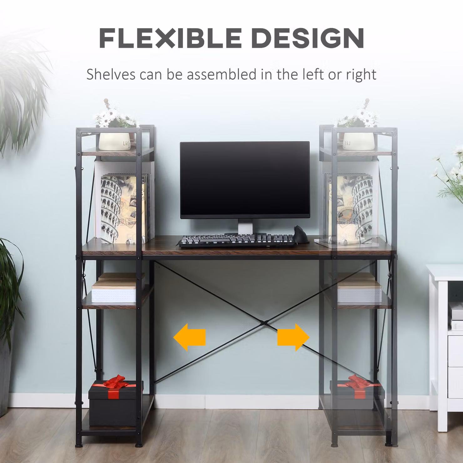 HOMCOM Modern Computer Desk with 4-Tier Bookshelf and Metal X-Frame, Rustic Brown and Black – 3