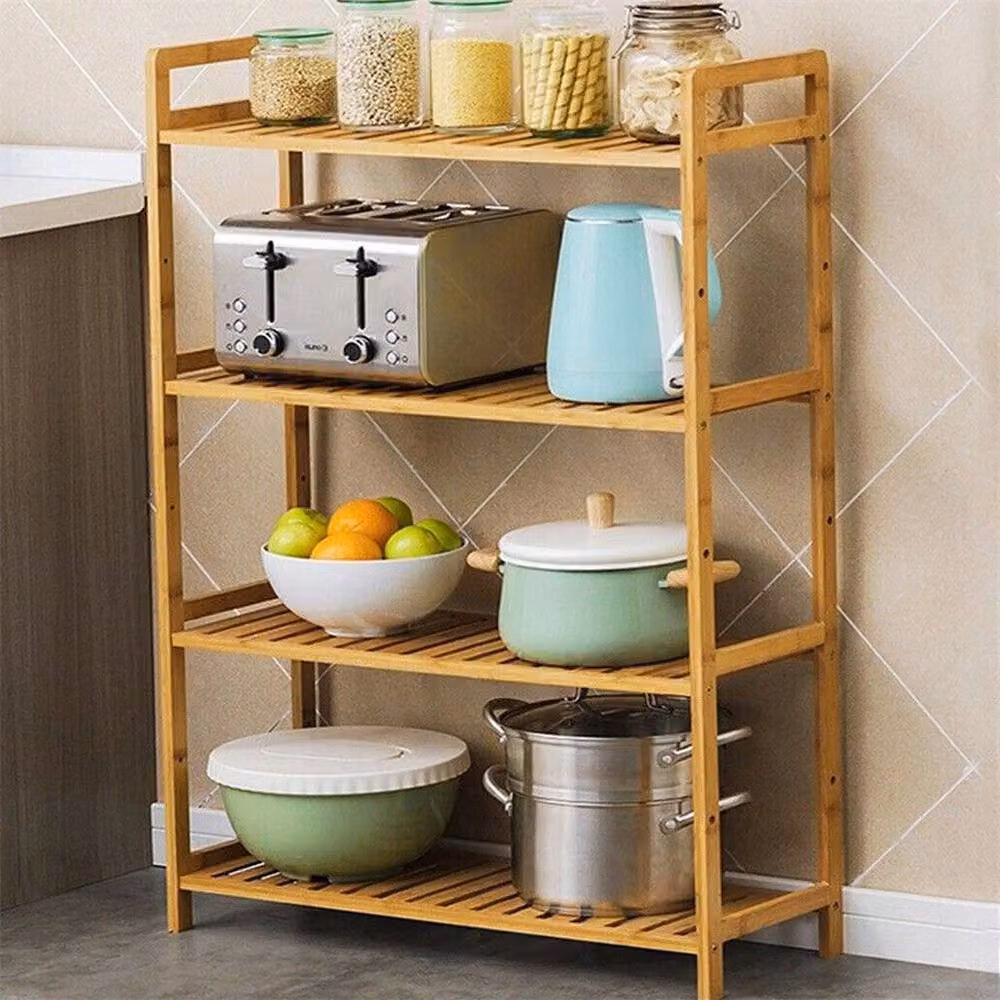 Kelvenix Bamboo Standing Shelf Unit Rack in Brown with Adjustable Shelves – 3