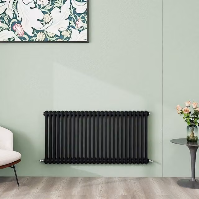 AicaBathroom Horizontal Traditional Cast Iron Style 2 Column Steel Radiator in Black, W: 119 cm, H: 60 cm, D: 60 cm