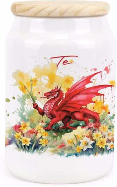 Purely Home Welsh Dragon and Daffodils Ceramic Airtight Tea Storage Canister in Red, Yellow and White