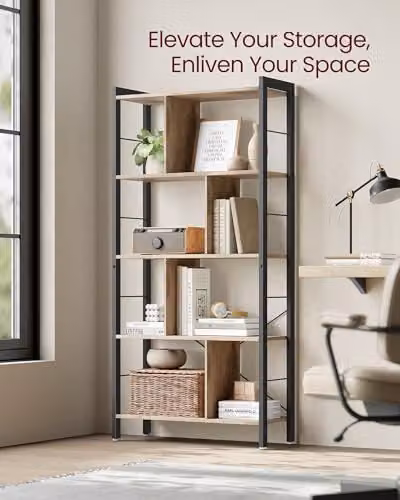 VASAGLE Industrial 5-Tier Large Bookshelf, Freestanding Floor Standing Storage Shelf in Brown and Black, H: 154.5 cm, W: 30 cm, D: 30 cm – 3