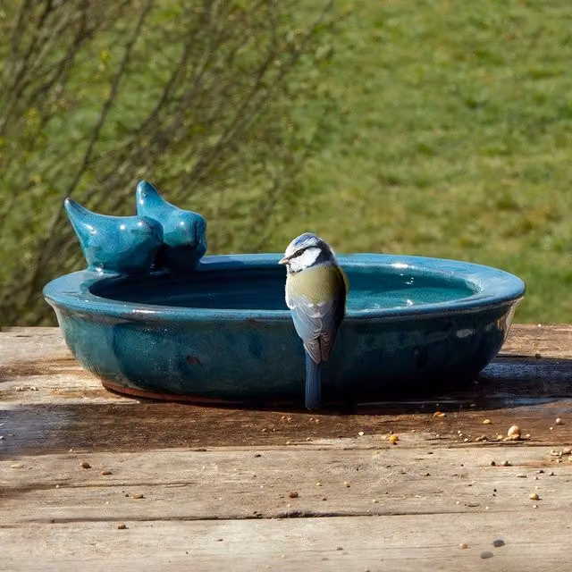 Primrose Blue Ceramic Round Tabletop Bird Bath Bowl