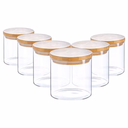 Argon Tableware Scandi Airtight Glass Storage Jars with Wooden Lids, 550ml, 6 Pack, Transparent