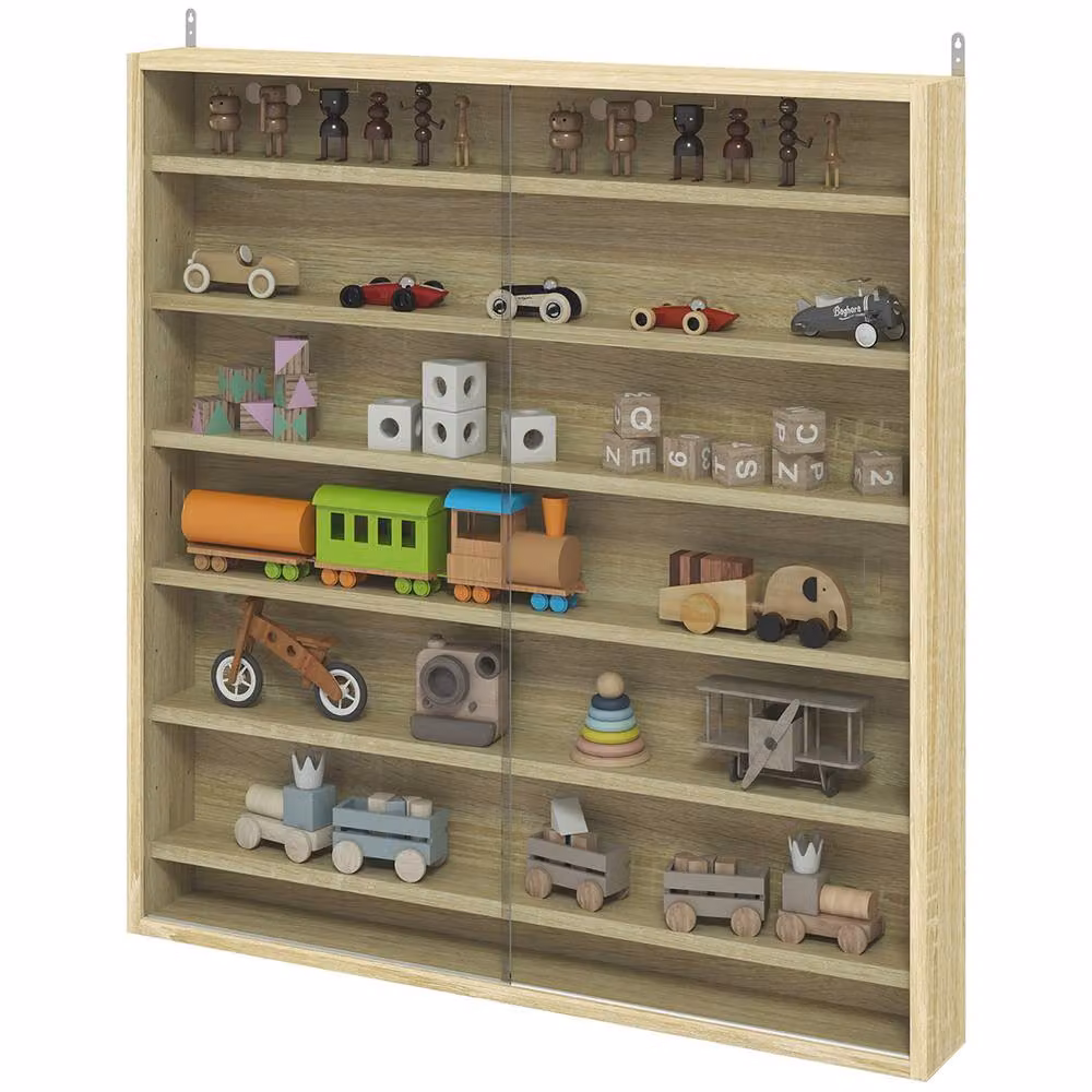 STILVORA Wall Mounted Display Cabinet with Glass Sliding Doors and Internal Shelves in Light Oak and Brown – 3