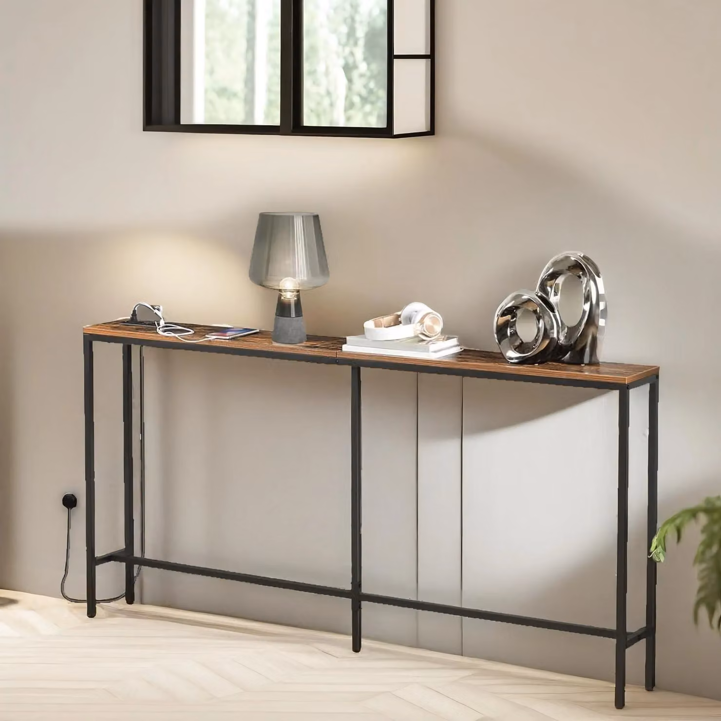Pirlo Plush Industrial Console Table with Charging Station, Rustic Brown, W: 160 cm, H: 80.5 cm, D: 20 cm – 2