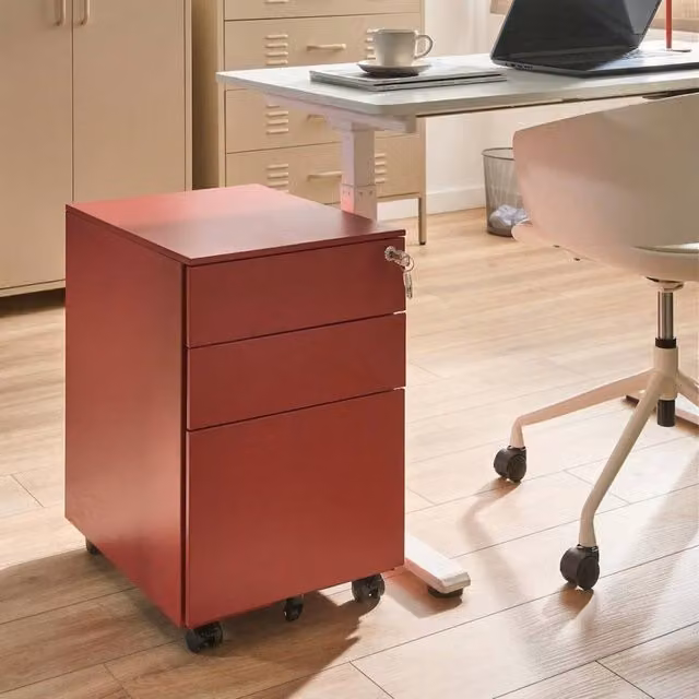 Wyld and Coco Red Steel Storage Cabinet with 3 Drawers, Key Lock and Castors – 1