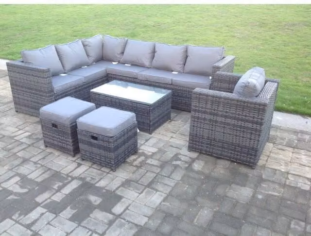 Fimous Rattan Garden Furniture Set with Oblong Coffee Table and Footstools in Dark Grey