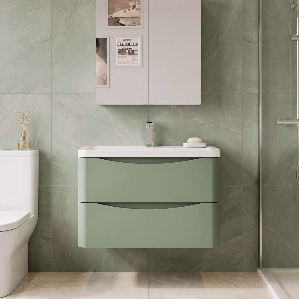 Balterley Dunwood 2 Drawer Wall Hung Vanity Basin Unit, Satin Green, Width: 80 cm – 2