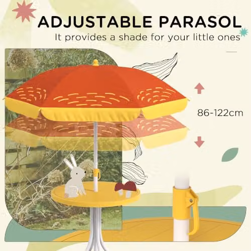 Outsunny Kids Lion Themed Bistro Set with Adjustable Parasol, 4 Pieces, Yellow – 3