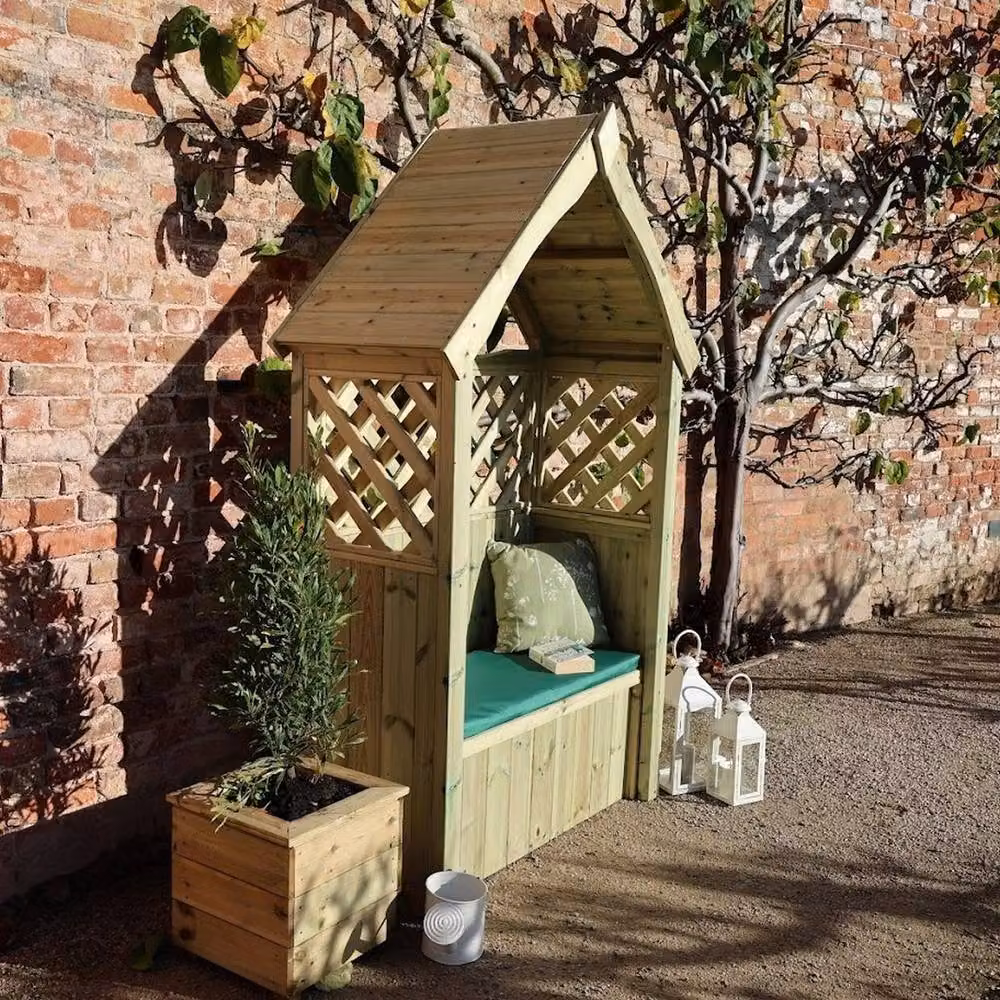 Churnet Valley Garden Furniture Ltd Daisy 2 Seat Trellis Storage Arbour with Cushions in Light Tan – 2