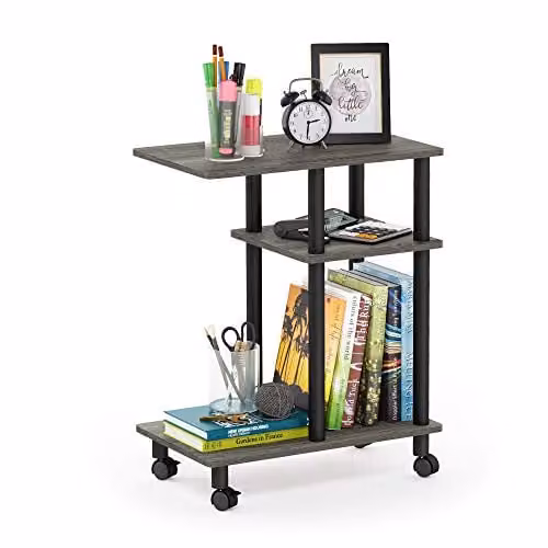 Furinno TURN-N-TUBE 3-Tier C-Shape Side Table with Wheels in French Oak and Black – 1