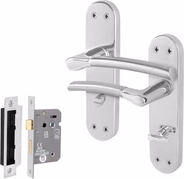 AFIT Boston Chrome Satin Nickel Bathroom Handle with WC Lock and Backplate, Silver, W/D/H: 15.0 x 15.0 x 1.5 cm – 1