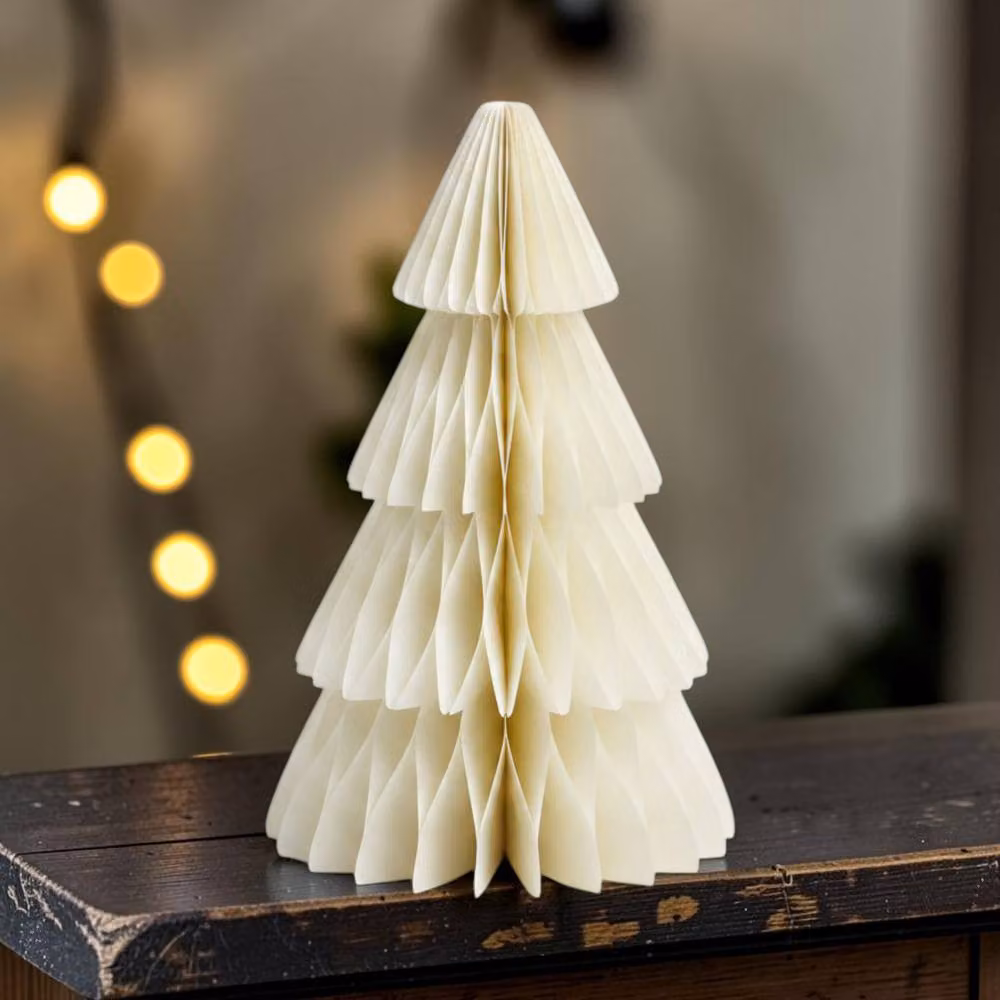 Four Candle Set of 3 Winter White Paper Christmas Trees, Height: 30 cm – 2