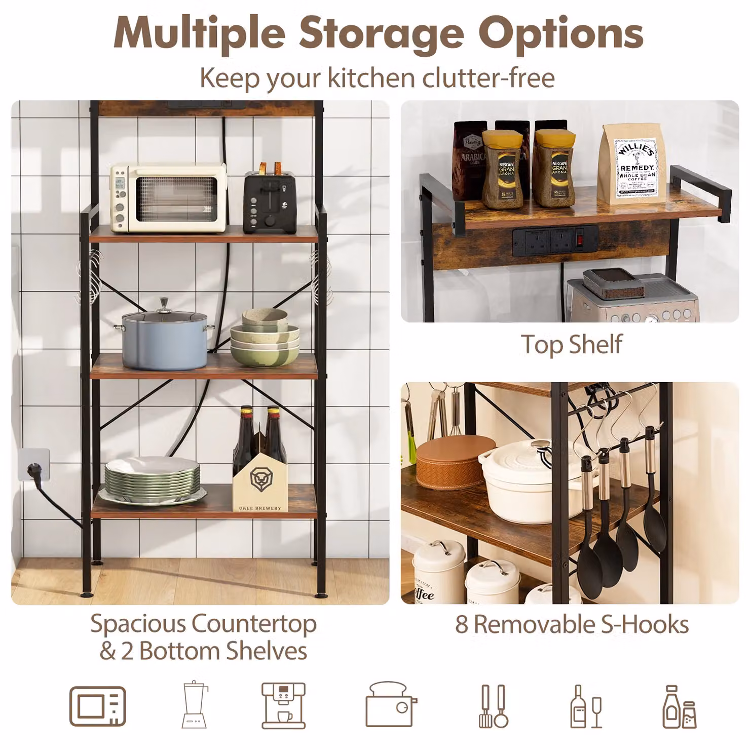 Gymax 4-Tier Bakers Rack and Microwave Stand with Power Outlet in Brown – 2