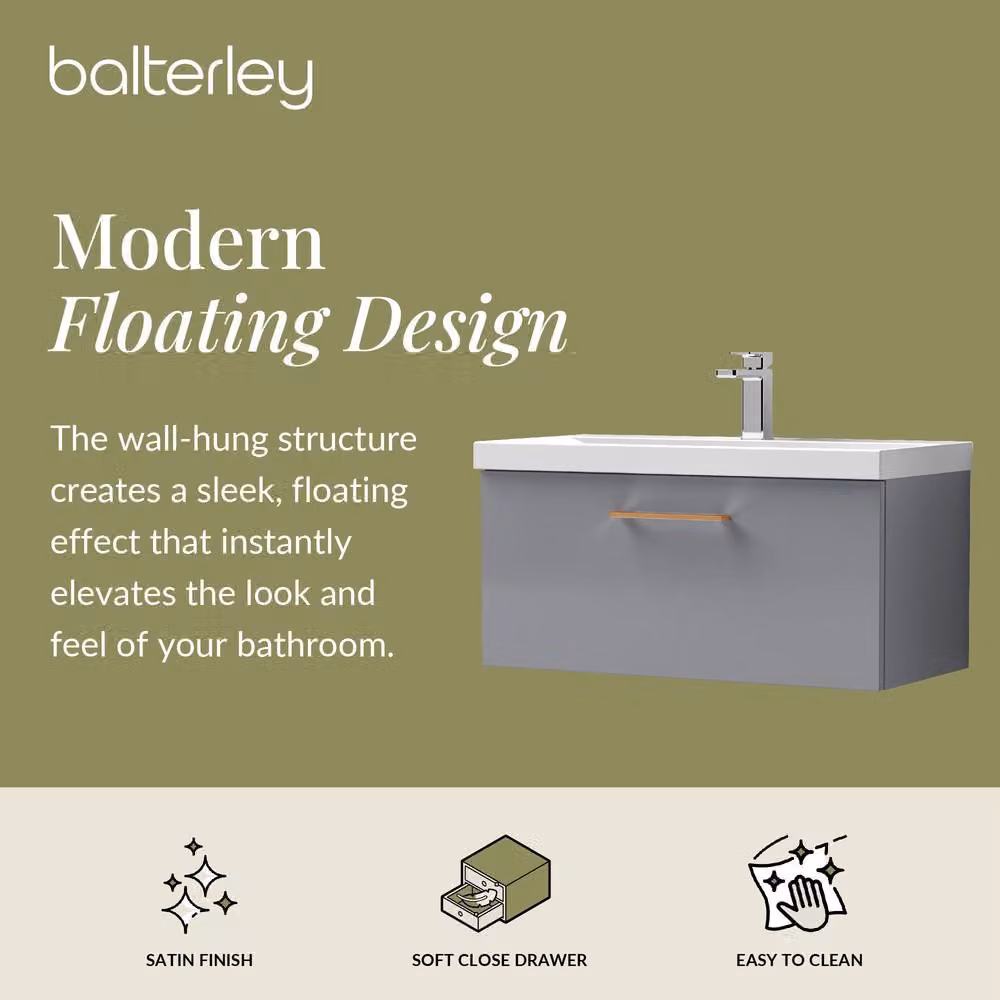 Balterley 800mm Wall Hung 1 Drawer Vanity Basin Unit in Satin Grey with Copper Handle – 2