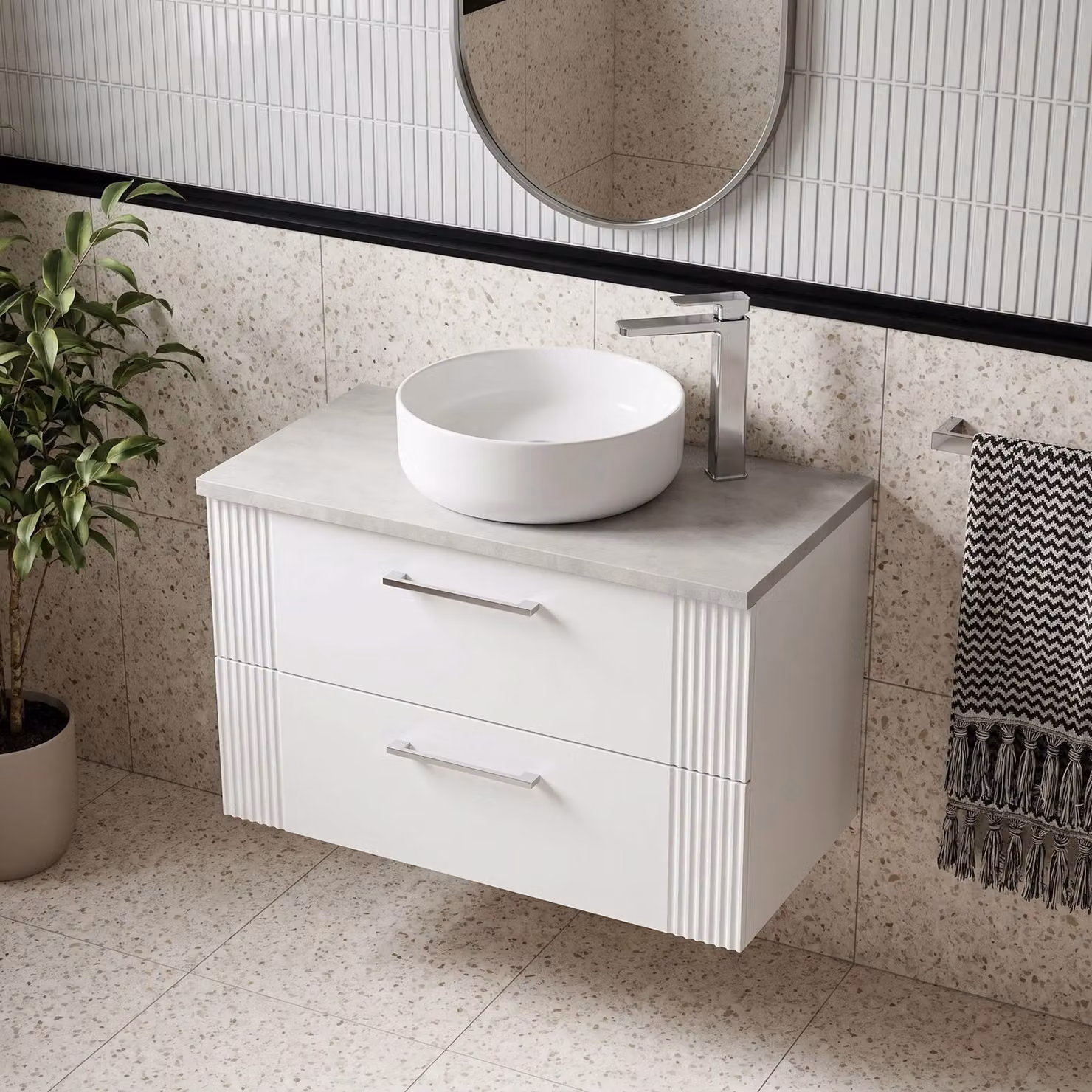 Balterley Wall Hung Bathroom Vanity Unit with 2 Soft Close Drawers and Laminated Worktop, White and Bellato Grey, W/D/H: 120.5 x 39.0 x 37.7 cm – 3