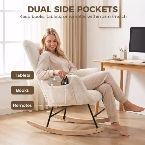 HOMCOM Bouclé Rocking Chair with Armrests in White and Beige, W/D/H: 66 x 90 x 90 cm – 3