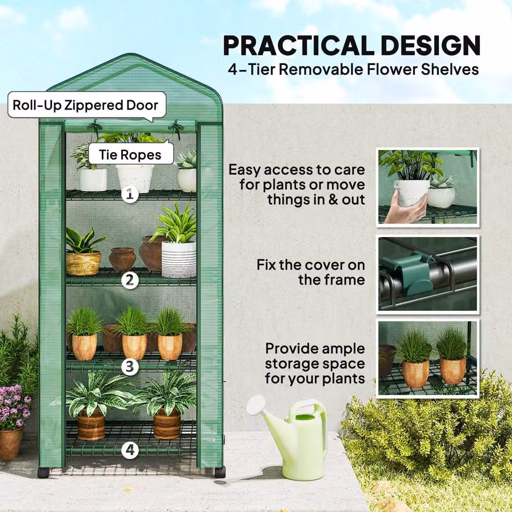 OUTSUNNY 4-Tier Mini Greenhouse Portable Plant House with PE Cover in Green and Transparent – 4