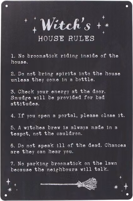 Something Different Witch's House Rules Metal Wall Sign, Black and White, W/H: 30.0 x 20.0 cm – 3