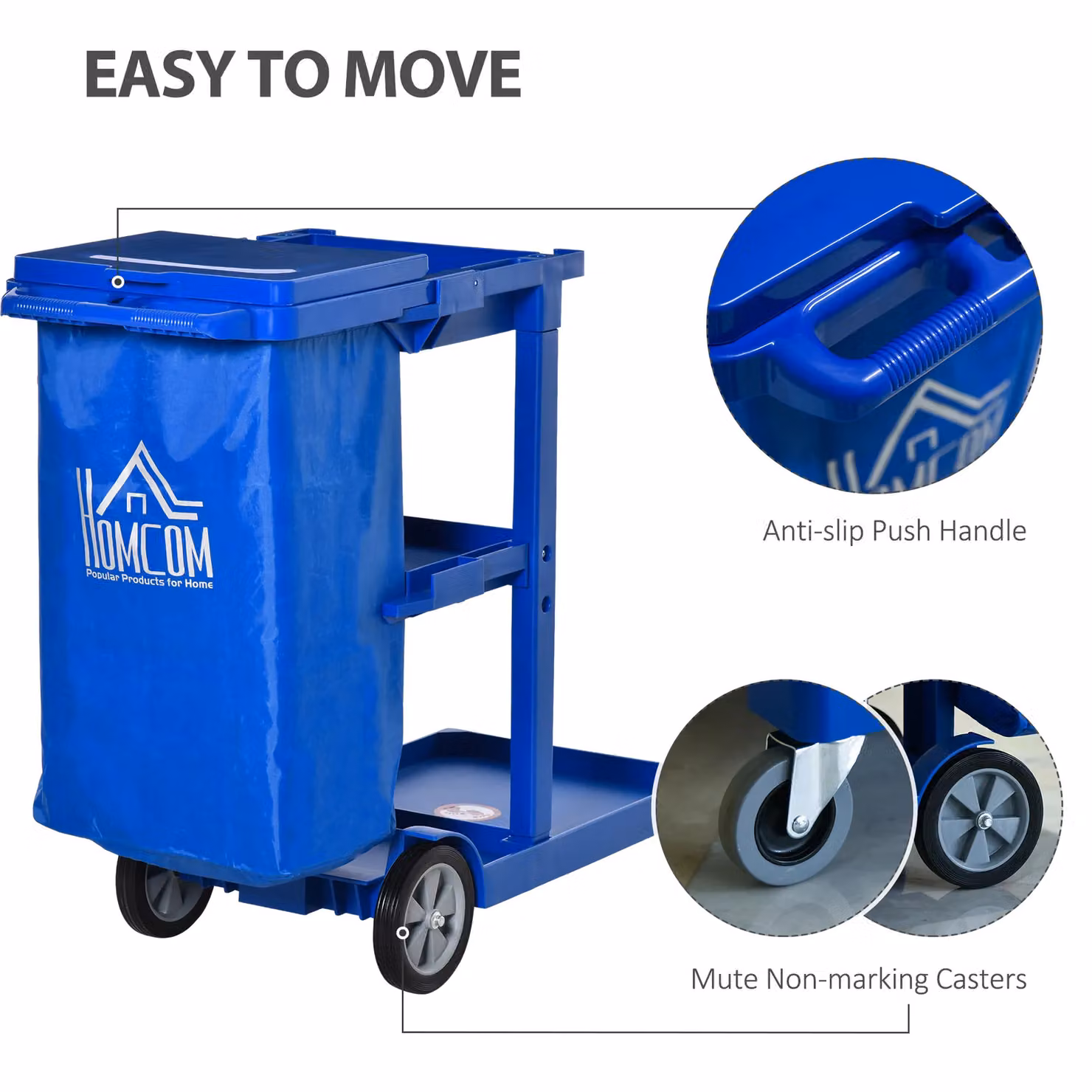 HOMCOM Cleaning Cart Housekeeping Trolley with 3 Tier Shelves in Blue – 4
