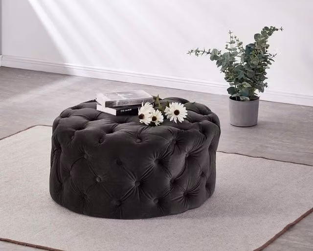 Life Interiors Melia Round LUX Velvet Pouffe in Charcoal Grey