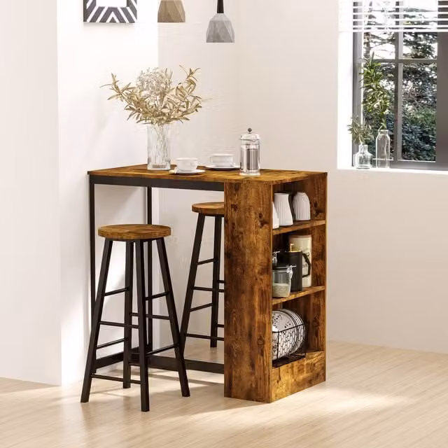 HOMCOM 3 Piece Bar Table Set with 2 Stools and Storage Shelf, Rustic Brown and Black Industrial Style