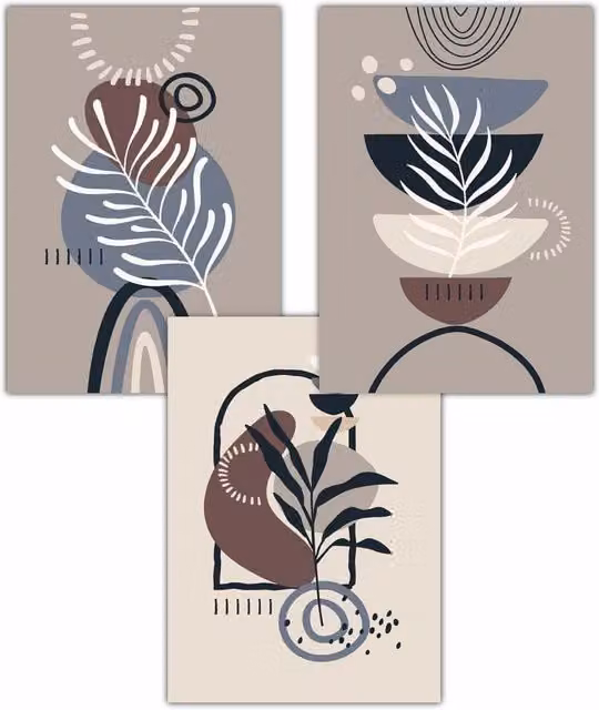 ARTZE Set of 3 Boho Abstract Floral Art Posters in Black, Beige, Blue, Brown and Fawn, W: 59 cm, H: 84 cm