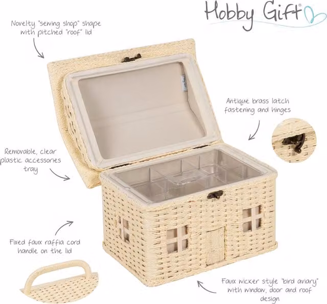 Hobby Gift Novelty Wicker Bird Sewing Storage Box in White and Beige, W/D/H: 22.0 x 25.5 x 29.0 cm
