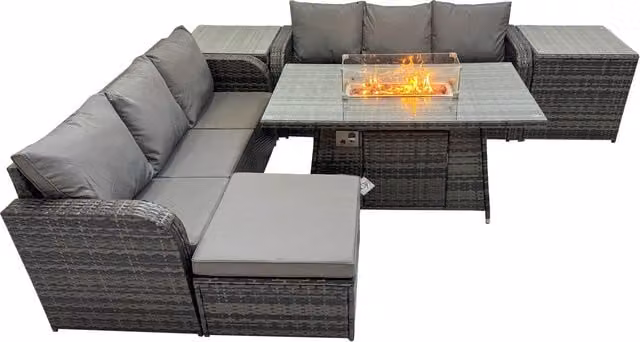 Fimous Garden Outdoor Rattan Furniture Set with 2 x 3-Seater Sofas and Fire Pit Table in Dark Grey Mixed