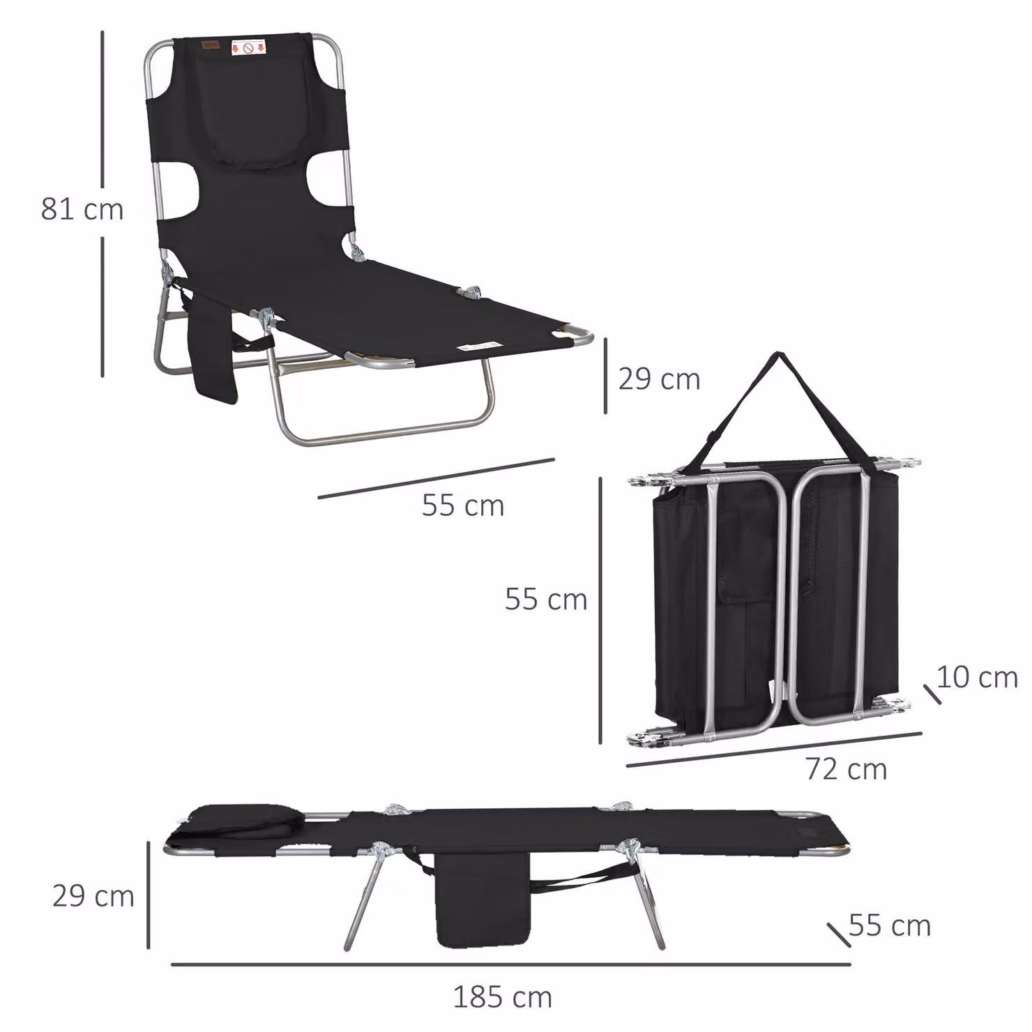 Outsunny Foldable Beach Chaise Lounge with Adjustable Backrest and Side Pocket, Black – 3