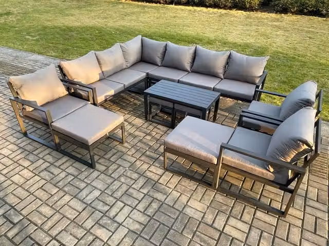 Fimous 13 Seater Grey Aluminium Outdoor Garden Furniture Set with L-Shape Sofa, Coffee Table and Ottomans