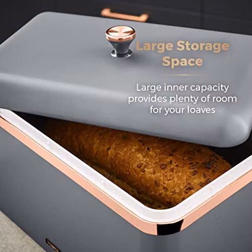 Tower Cavaletto Metal Bread Bin with Loose Lid, Grey and Gold, W: 24.0 cm, D: 17.5 cm, H: 33.0 cm – 3