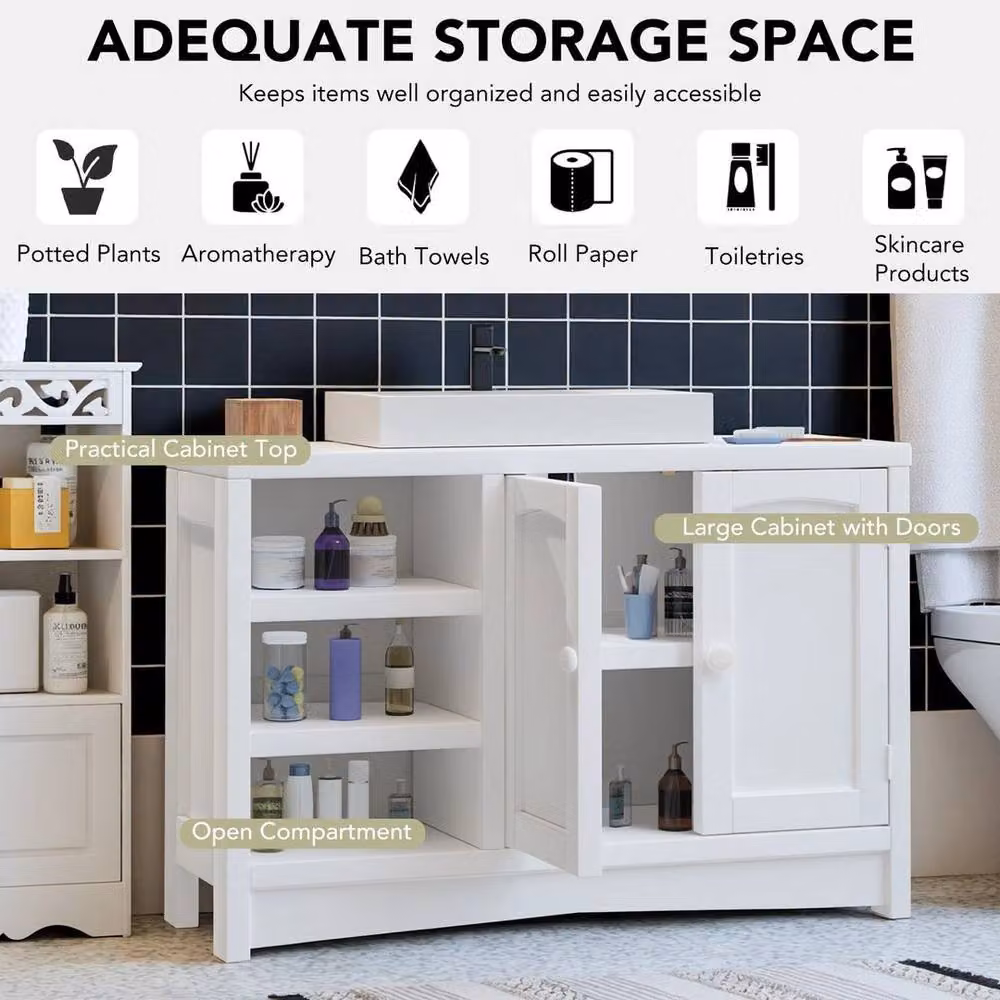 SPETLEK White Modern Freestanding Under Sink Bathroom Storage Cabinet with Hinged Doors and Internal Shelves – 5