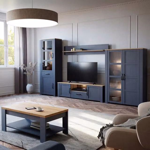 Furniture To Go Bohol Narrow Display Cabinet with LED Lights and Glass Doors in Navy Riviera Oak